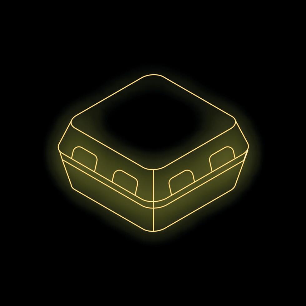 Glowing neon yellow food container on black background vector