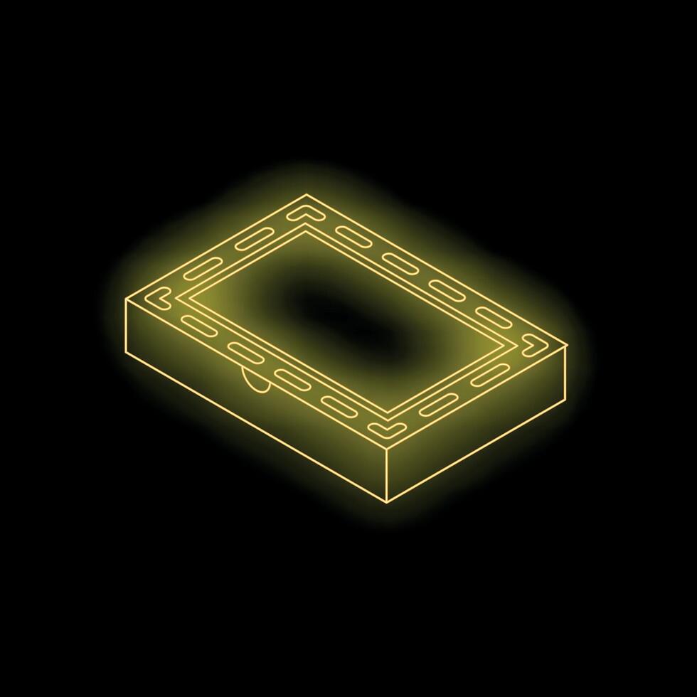 Glowing neon yellow pizza box isometric view on black background vector