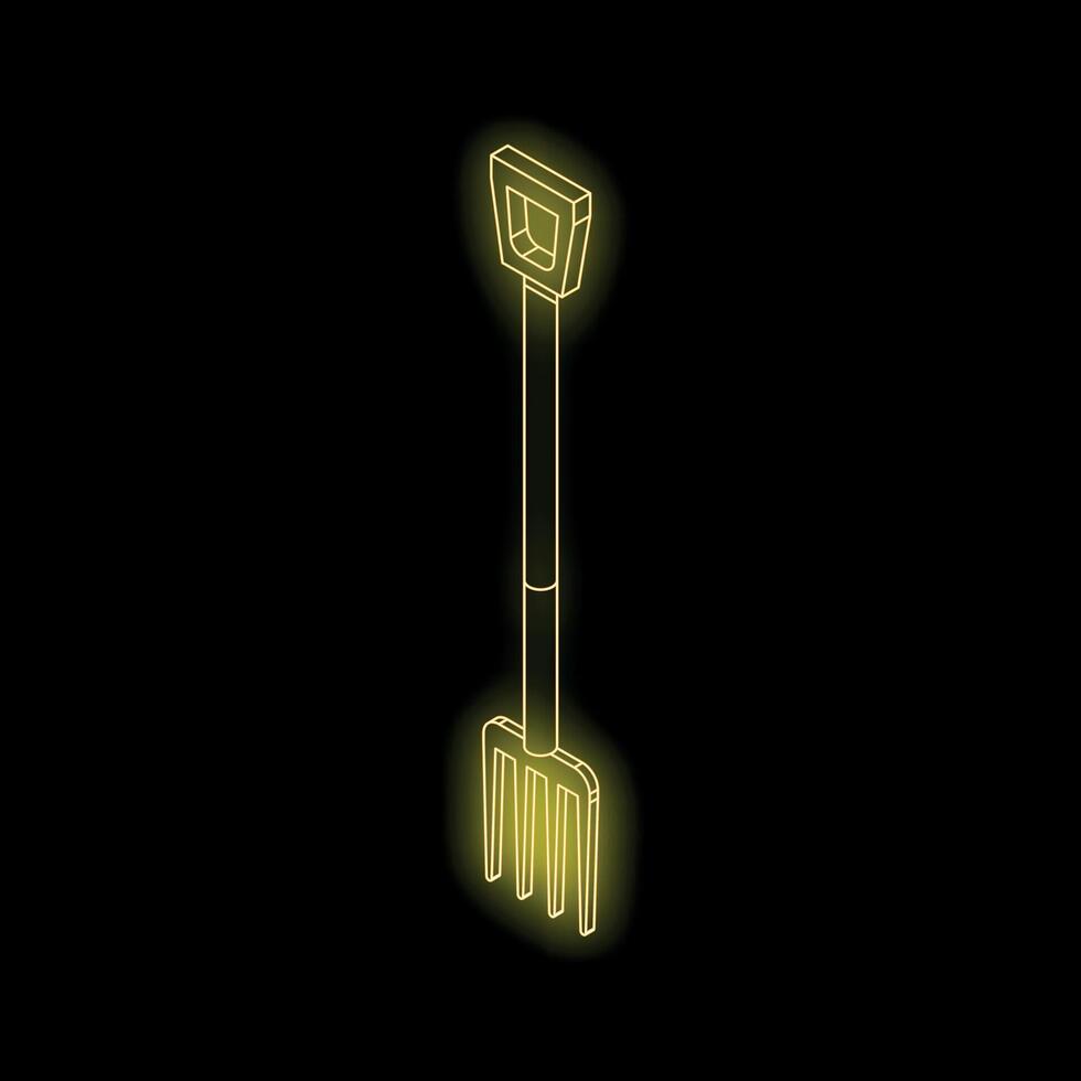 Glowing yellow pitchfork isometrically projected on black background vector