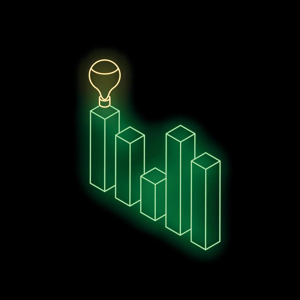 Neon green bar graph increasing with light bulb on top vector