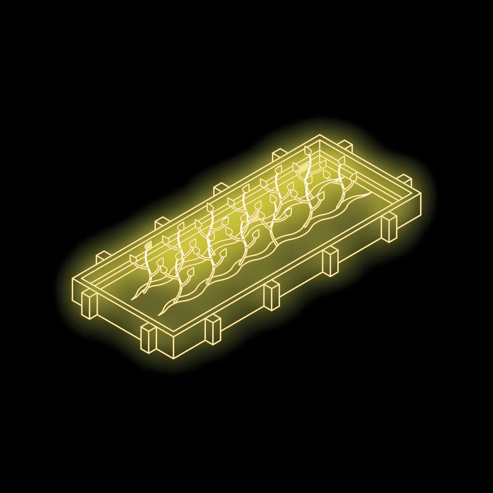 Growing plants inside wooden rectangular container, isometric neon style illustration vector