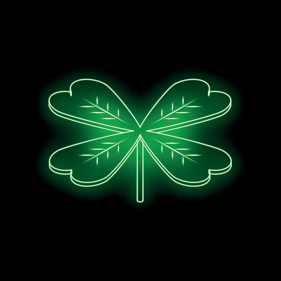 Glowing neon green four leaf clover on black background symbolizing luck vector