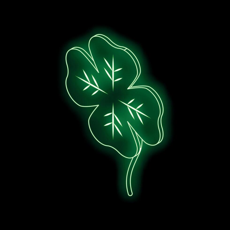 Glowing neon green four leaf clover on black background symbolizing luck vector
