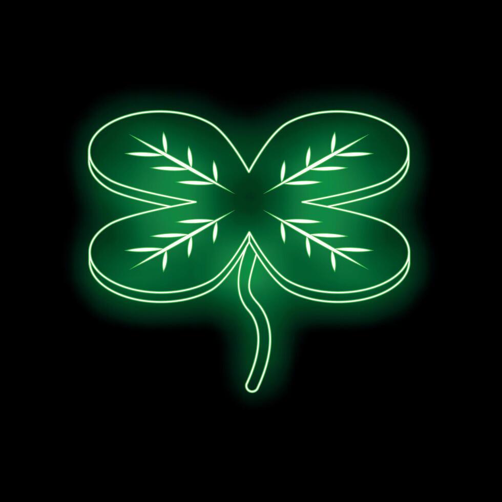 Glowing neon green four leaf clover on black background symbolizing luck vector
