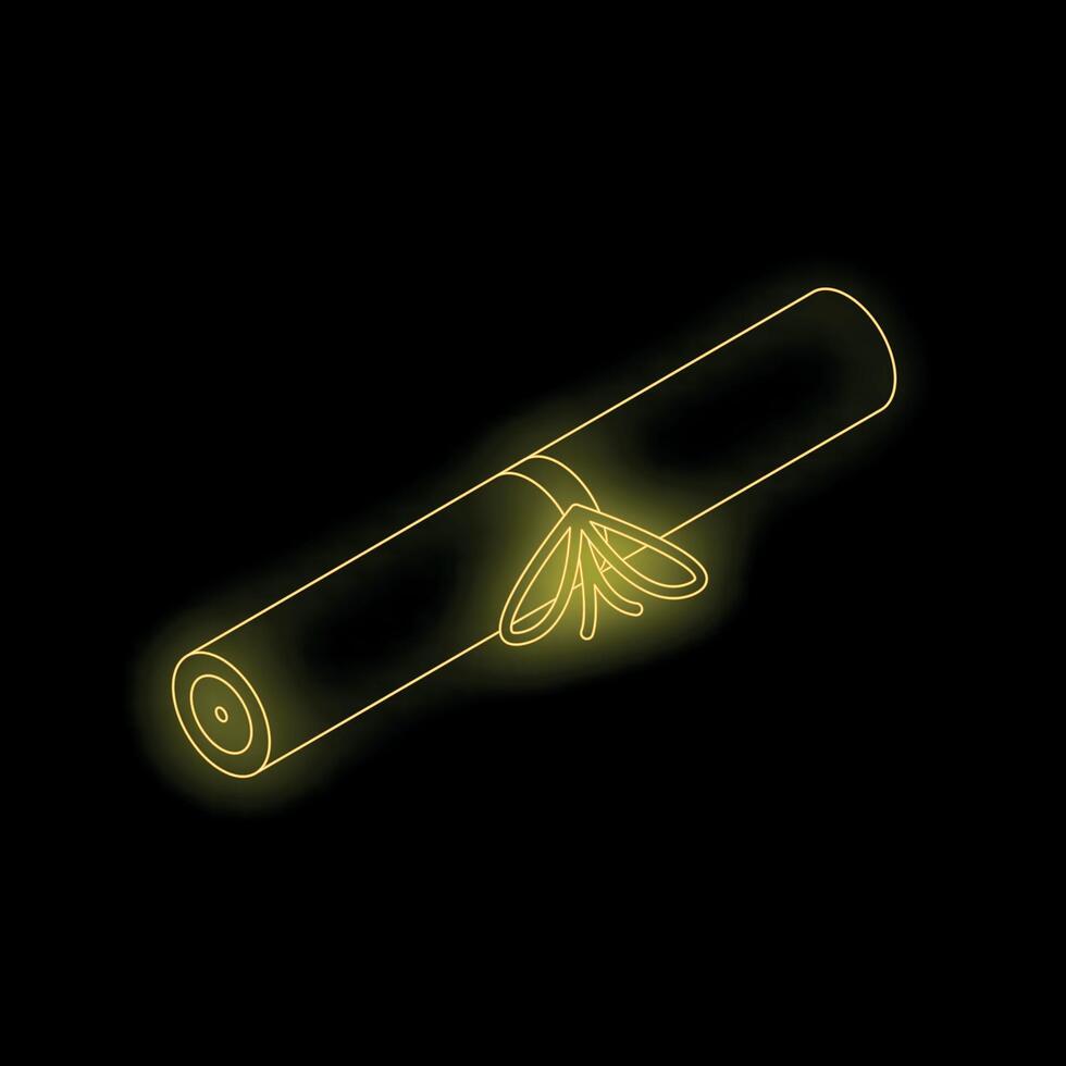 Golden neon diploma scroll shining on black background vector