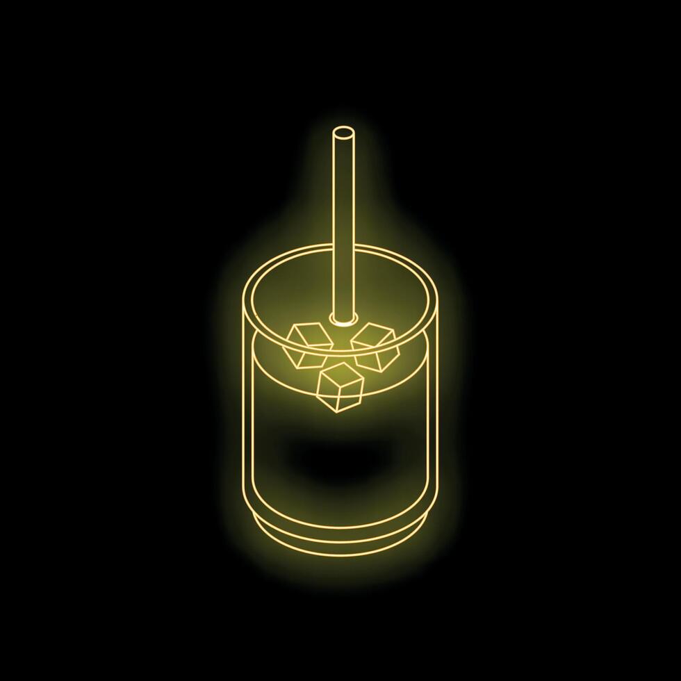 Neon sign of glass with cold drink and ice cubes on black background vector