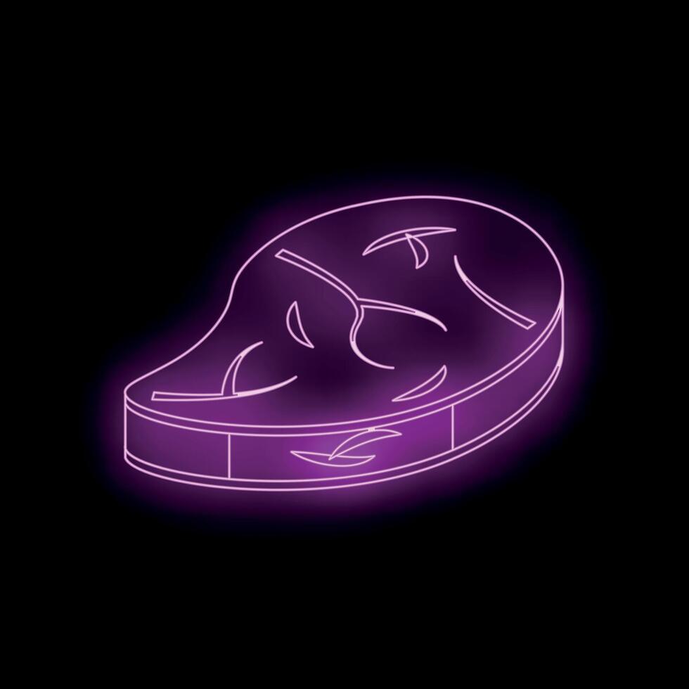 Glowing neon purple steak on black background representing restaurant or butchery vector