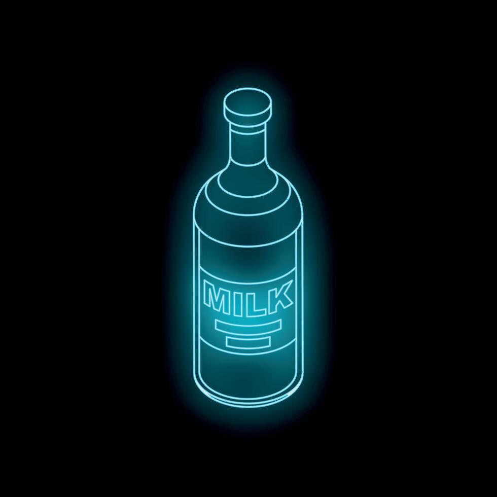 Glowing neon milk bottle on black background vector