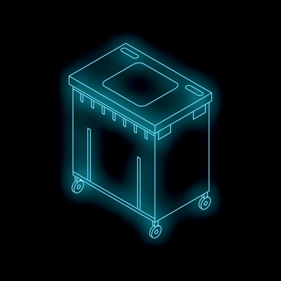Glowing neon industrial waste container on wheels on black background vector