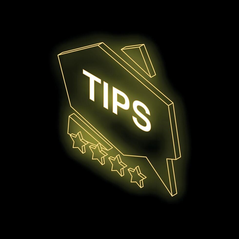Neon sign displaying tips with five star rating on black background vector