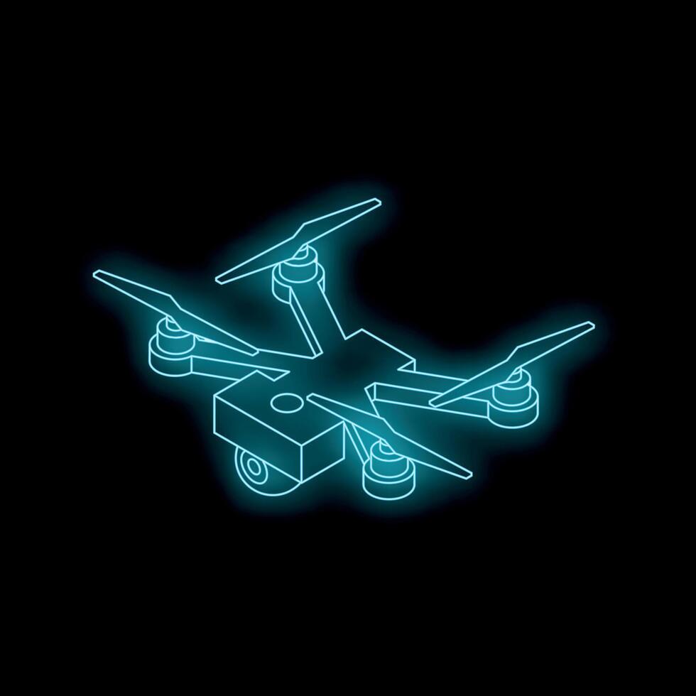 Neon blue drone flying with rotating blades on black background vector