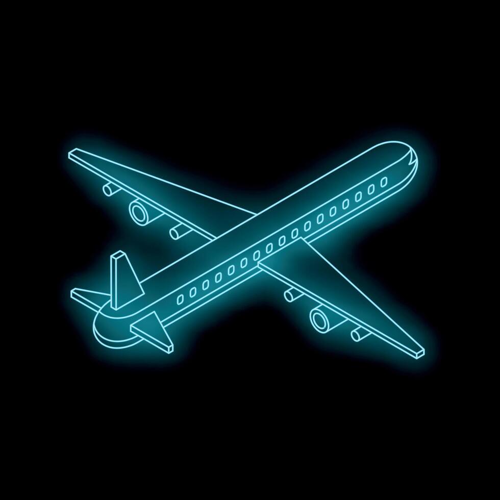 Glowing neon airplane flying through dark sky isometric view vector