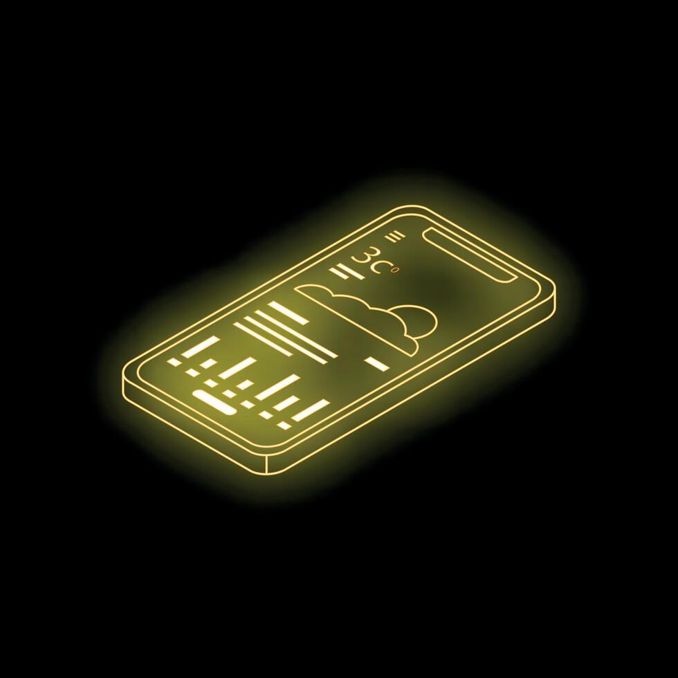 Smartphone showing weather forecast with neon light effect on dark background vector