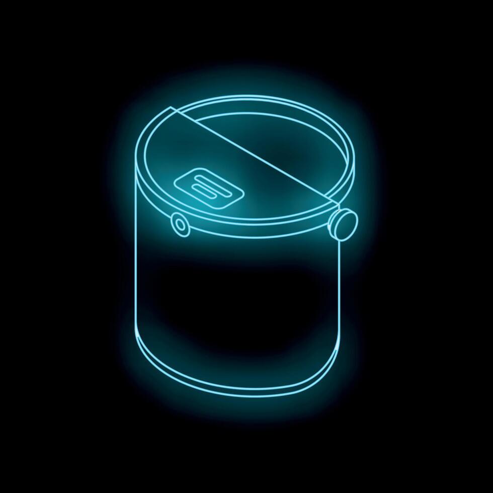 Neon blue paint bucket lid open on black background vector
