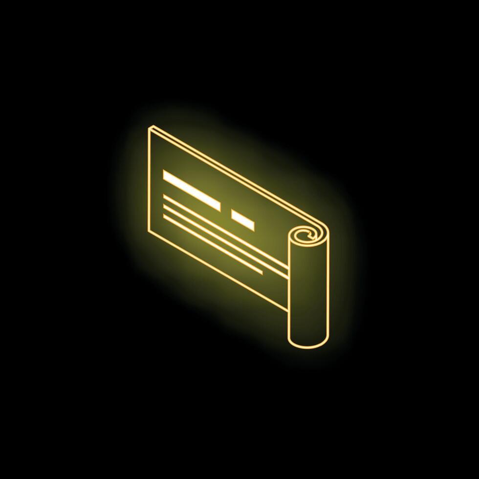 Glowing neon yellow checkbook isometric icon on black background vector