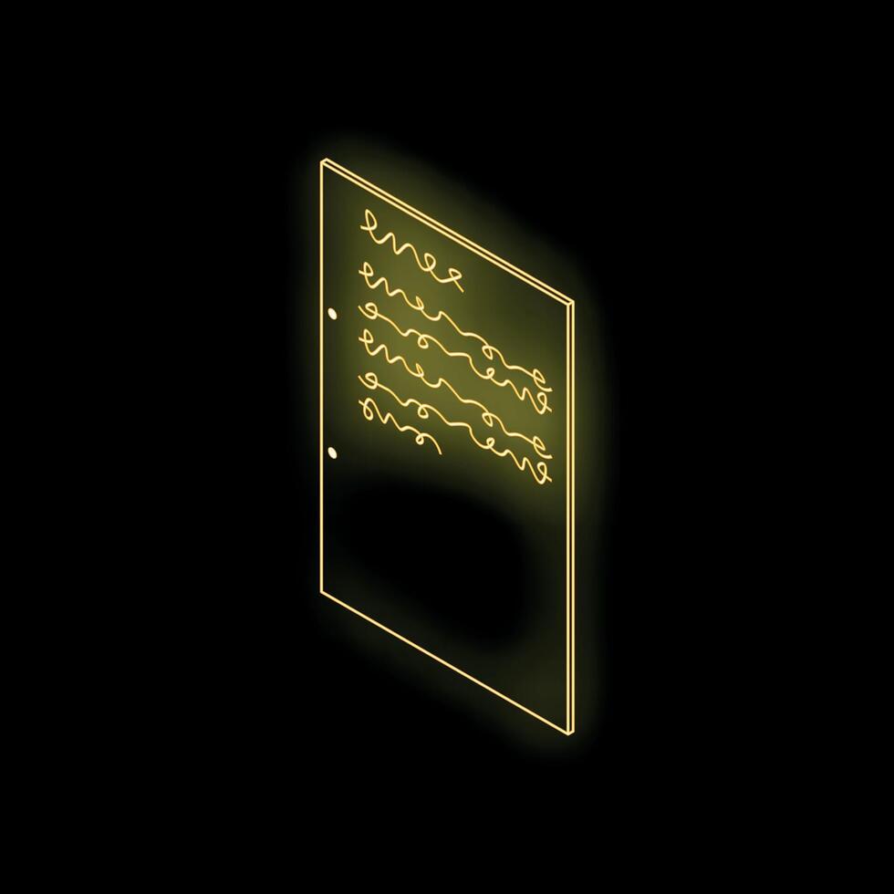 Gold neon notepad writing taking notes isometric view on black background vector