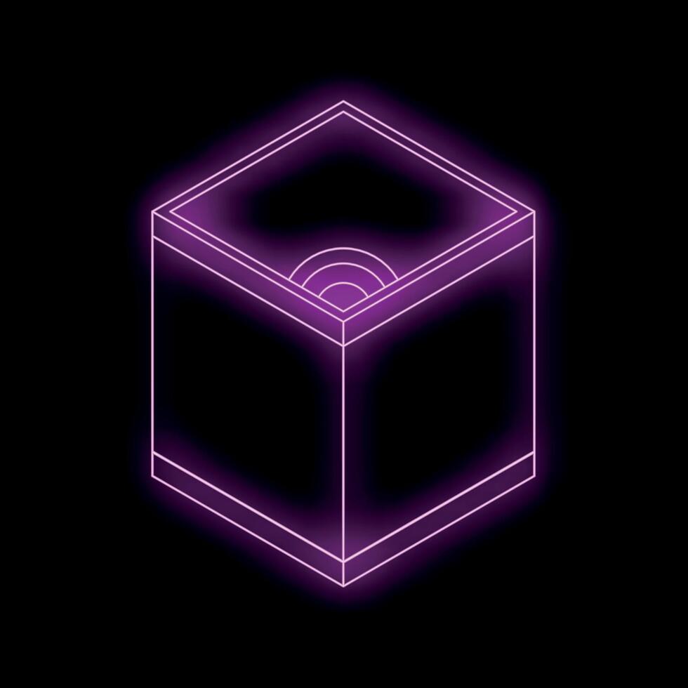 Purple neon cube glowing on black background with concentric circles inside vector
