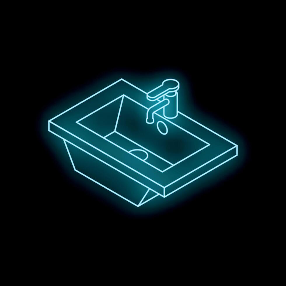 Neon blue washbasin shining in darkness, isometric projection of bathroom sink vector