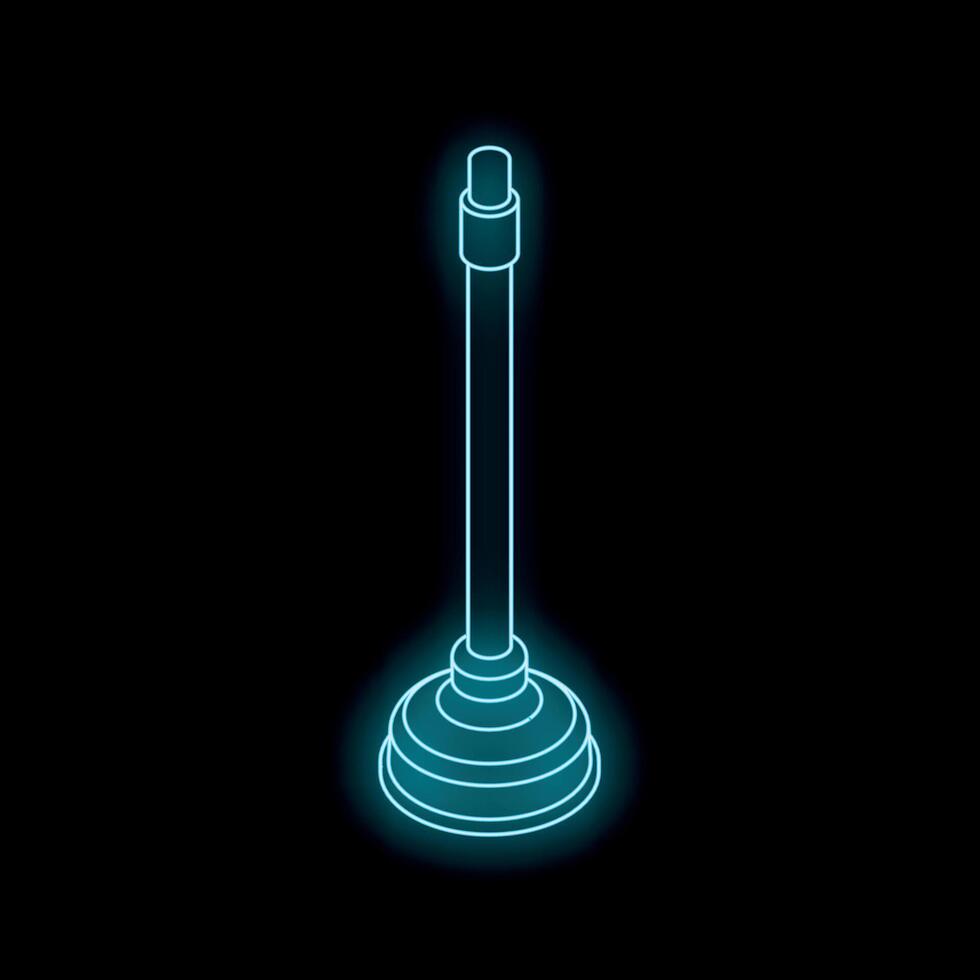 Glowing neon plunger on black background, plumbing tool icon vector