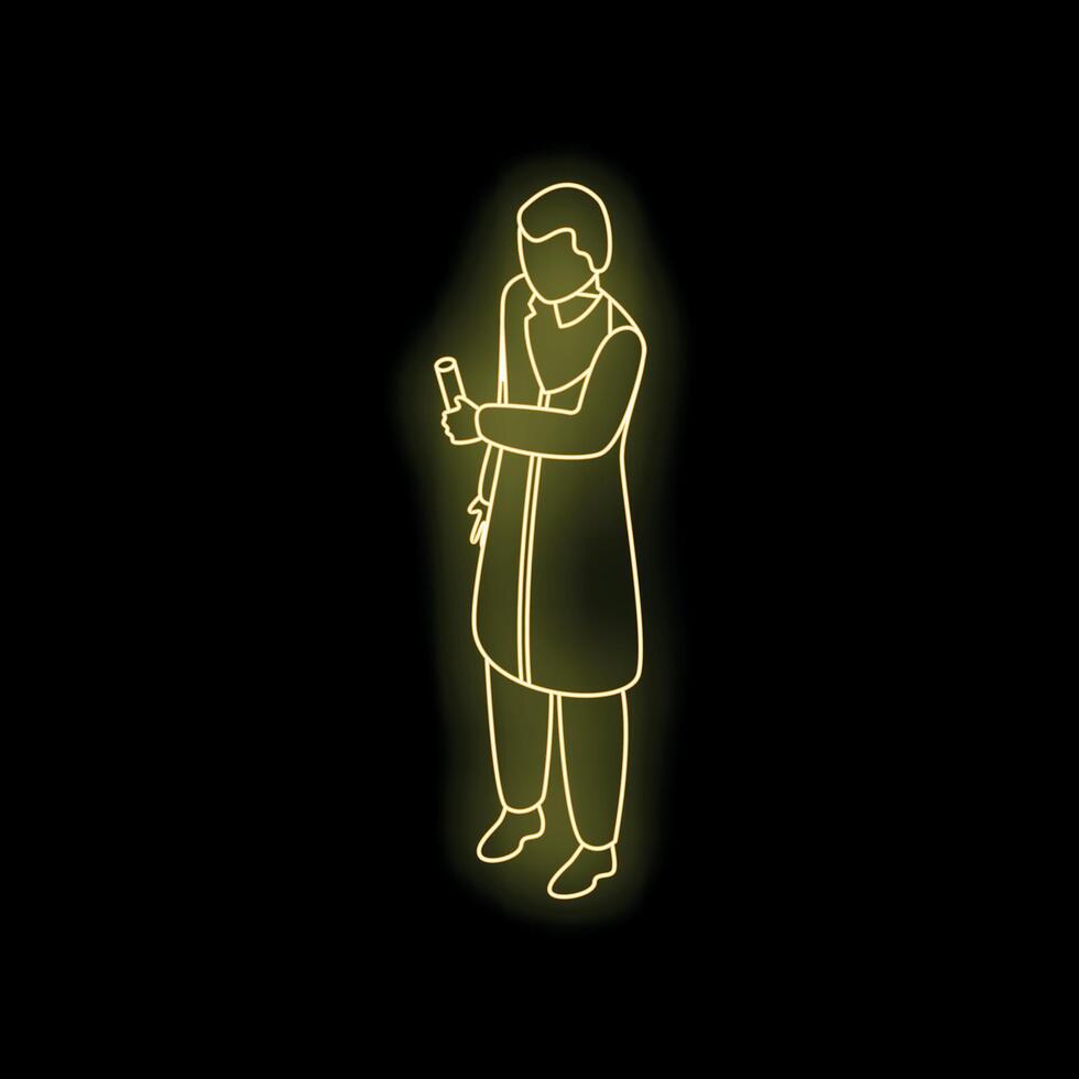 Scientist holding test tube, glowing neon style on black background vector