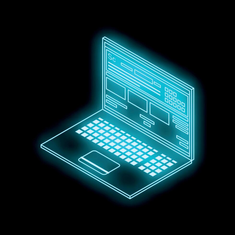 Futuristic neon blue laptop showing website design on black background vector