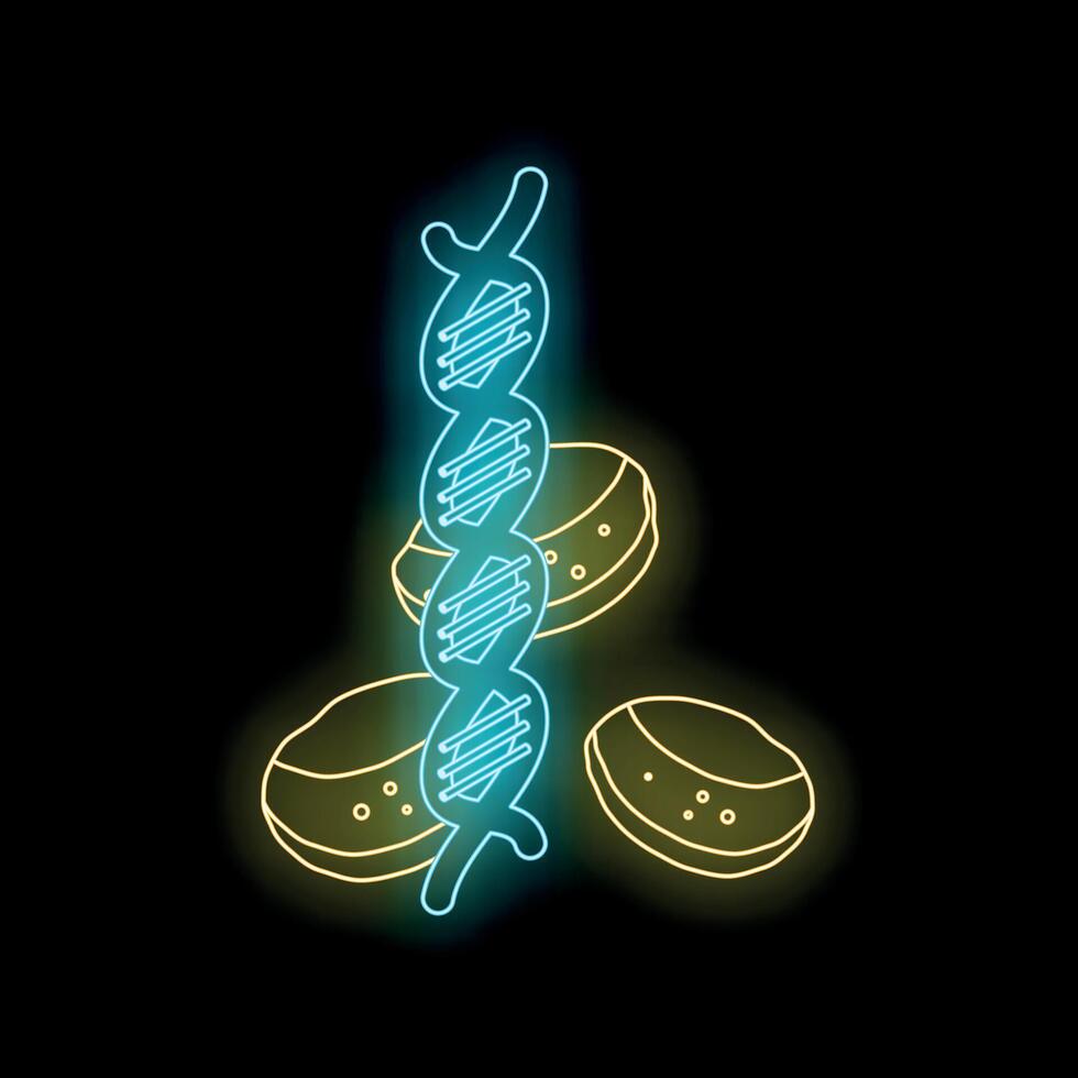 Glowing neon dna strand and cells on black background representing genetic research vector