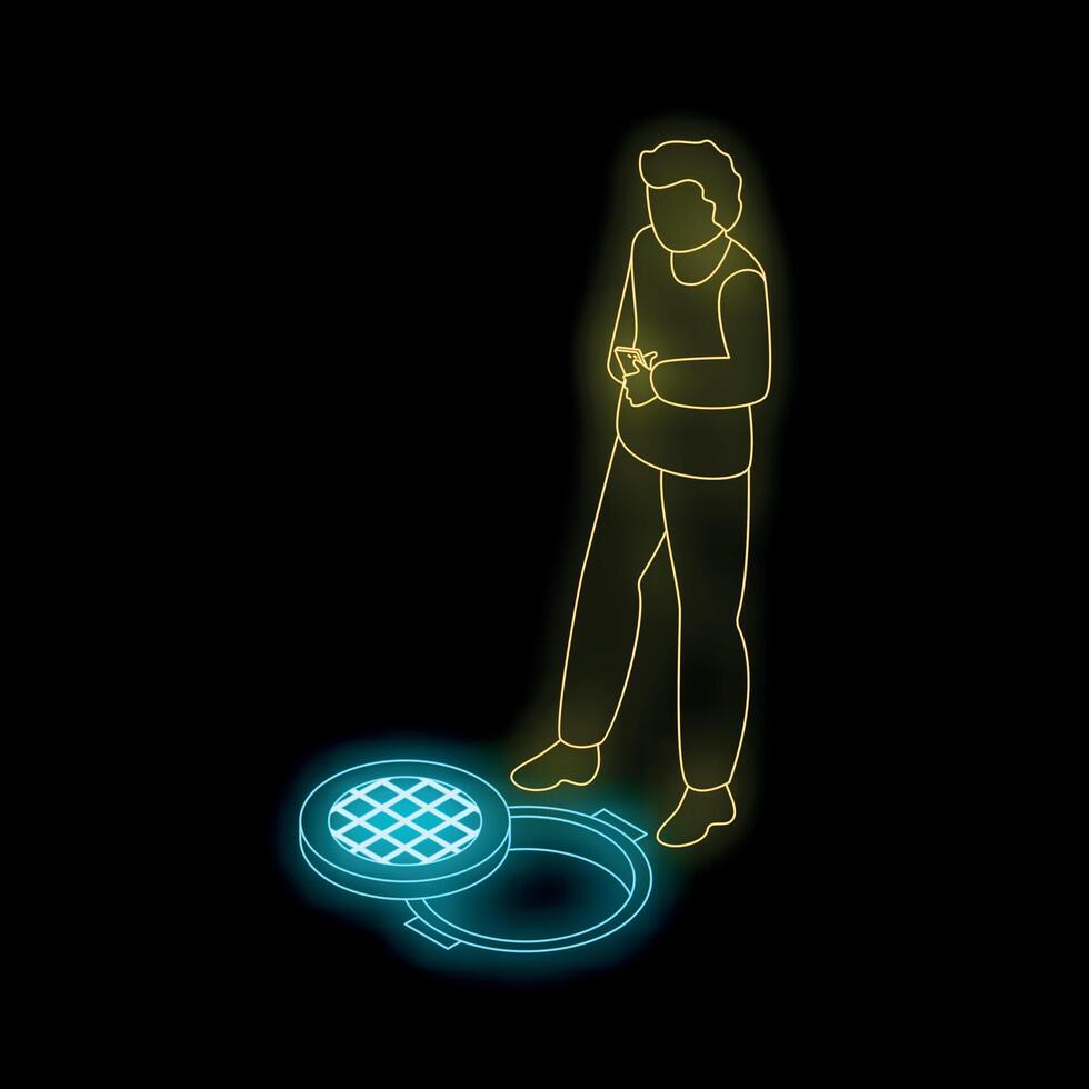 Man using smartphone near open manhole at night, neon isometric illustration vector