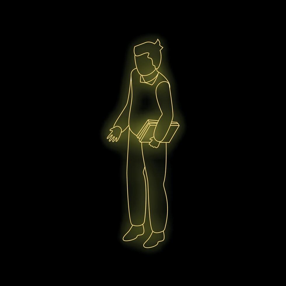 Student holding books, glowing neon style illustration on black background vector