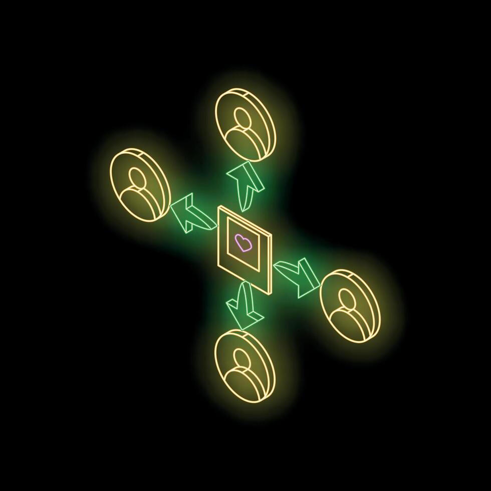 People exchanging likes on social media platform with neon effect vector