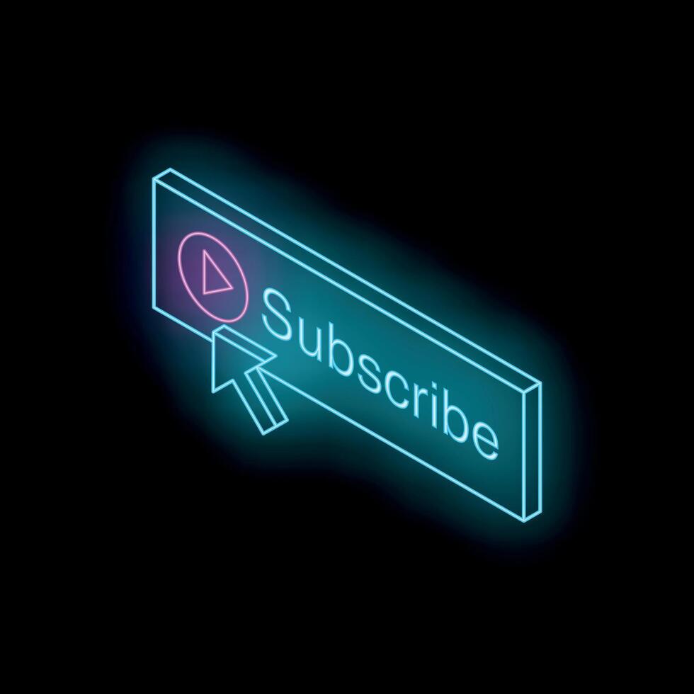 Neon subscribe button with play symbol and mouse cursor pointing on dark background vector