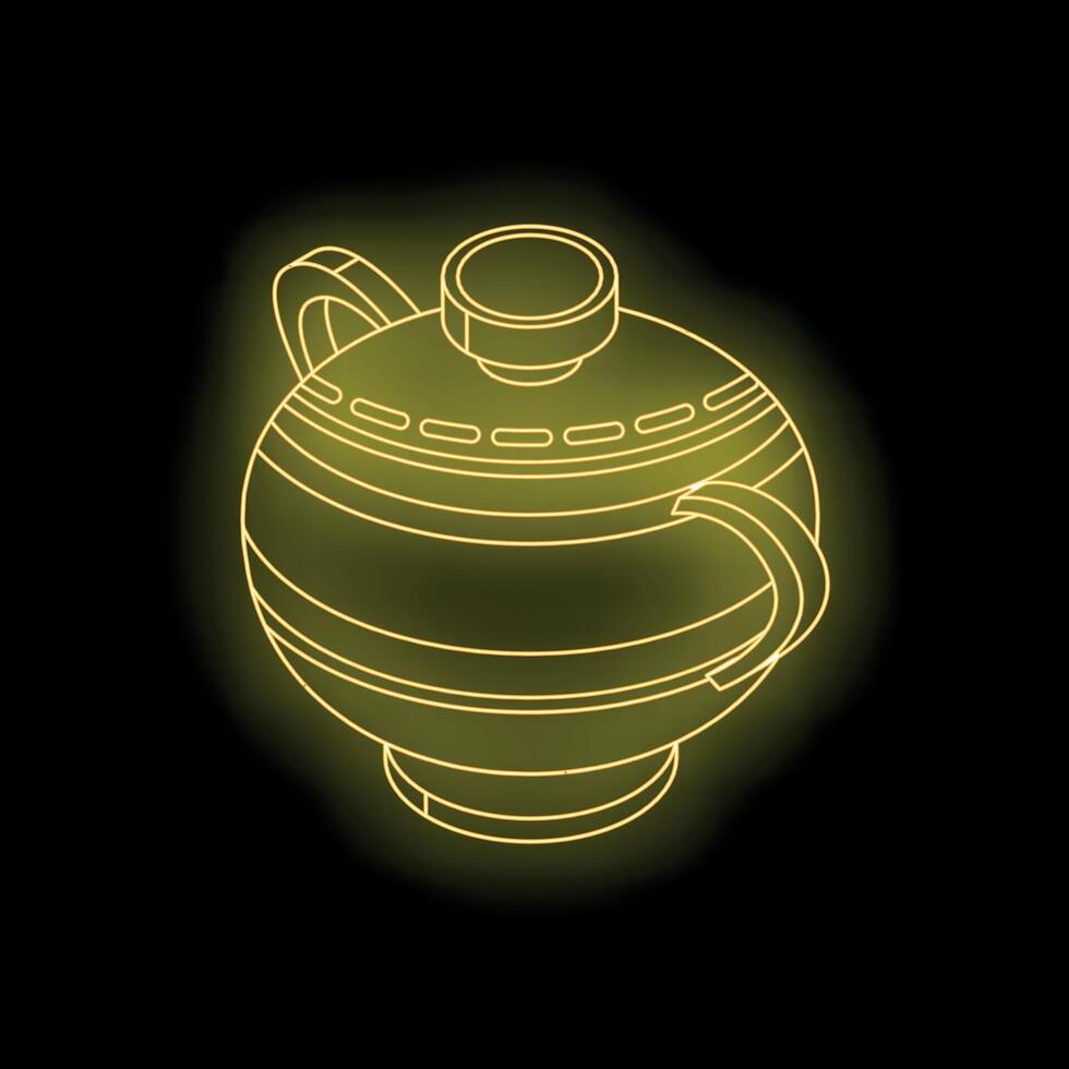 Glowing neon style round clay pot with handles and lid vector