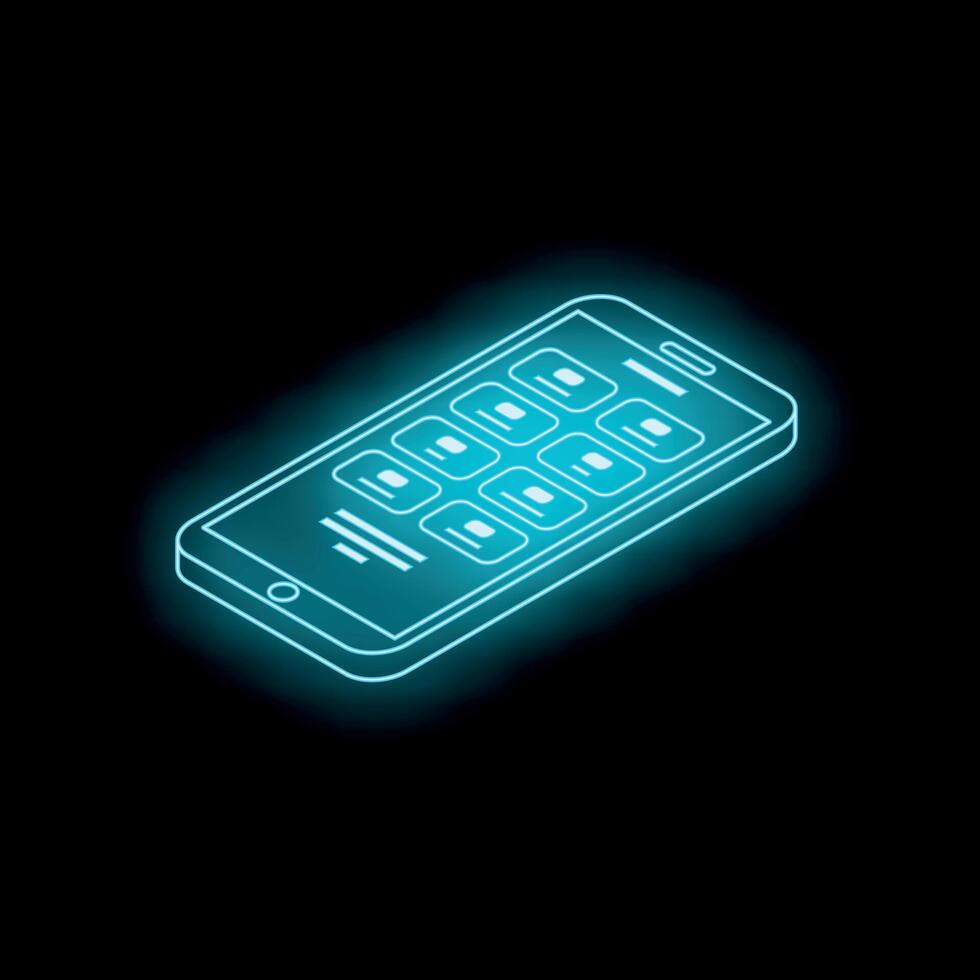 Neon blue smartphone showing mobile apps in isometric view vector