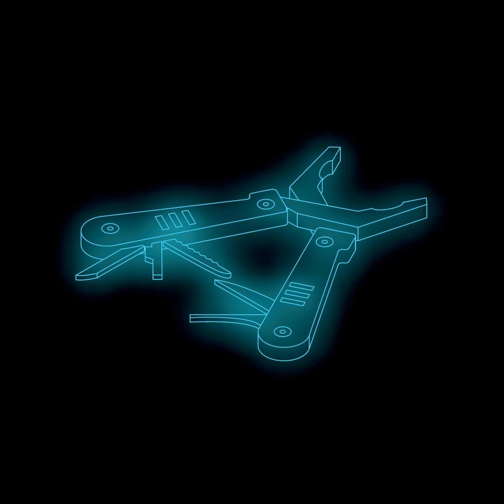 Neon blue multi tool shining in the dark, ready for action vector