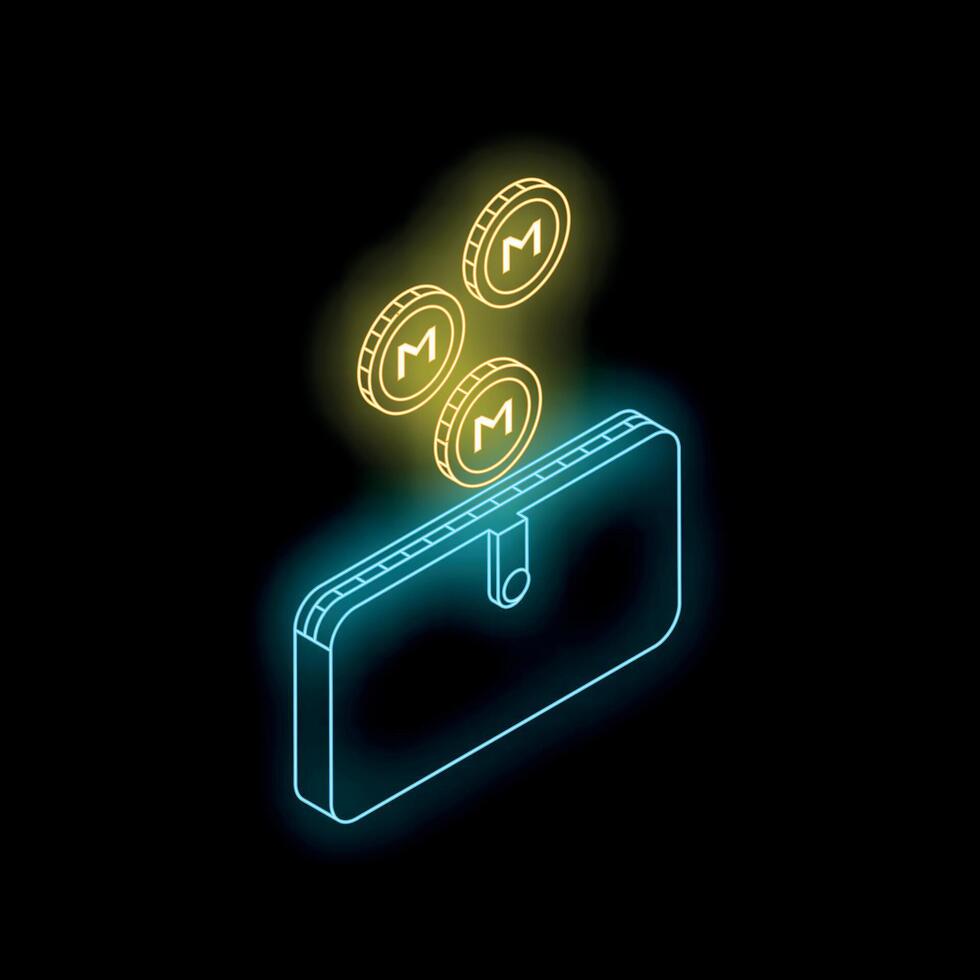 Neon wallet receiving cryptocurrency on black background vector