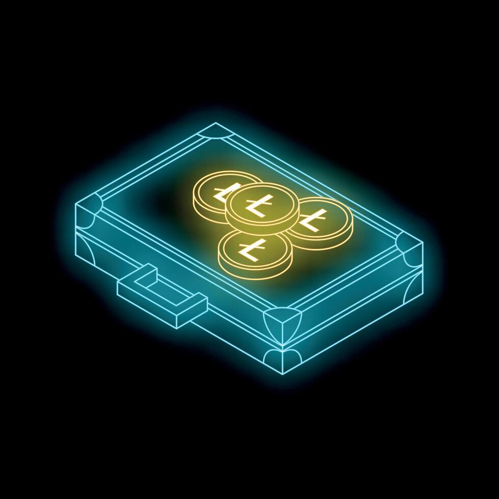 Glowing neon briefcase holding mongolian togrog coins on black background vector