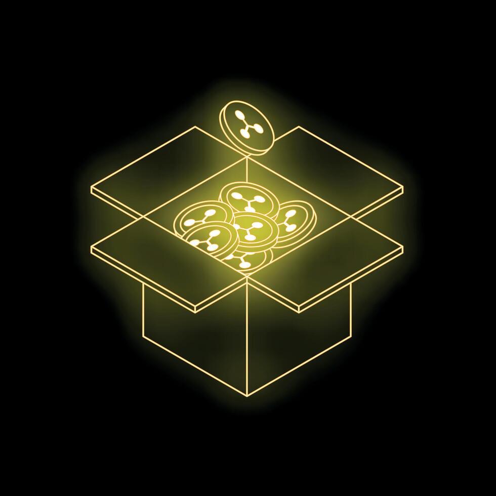 Open cardboard box with glowing cryptocurrency coins inside on black background vector