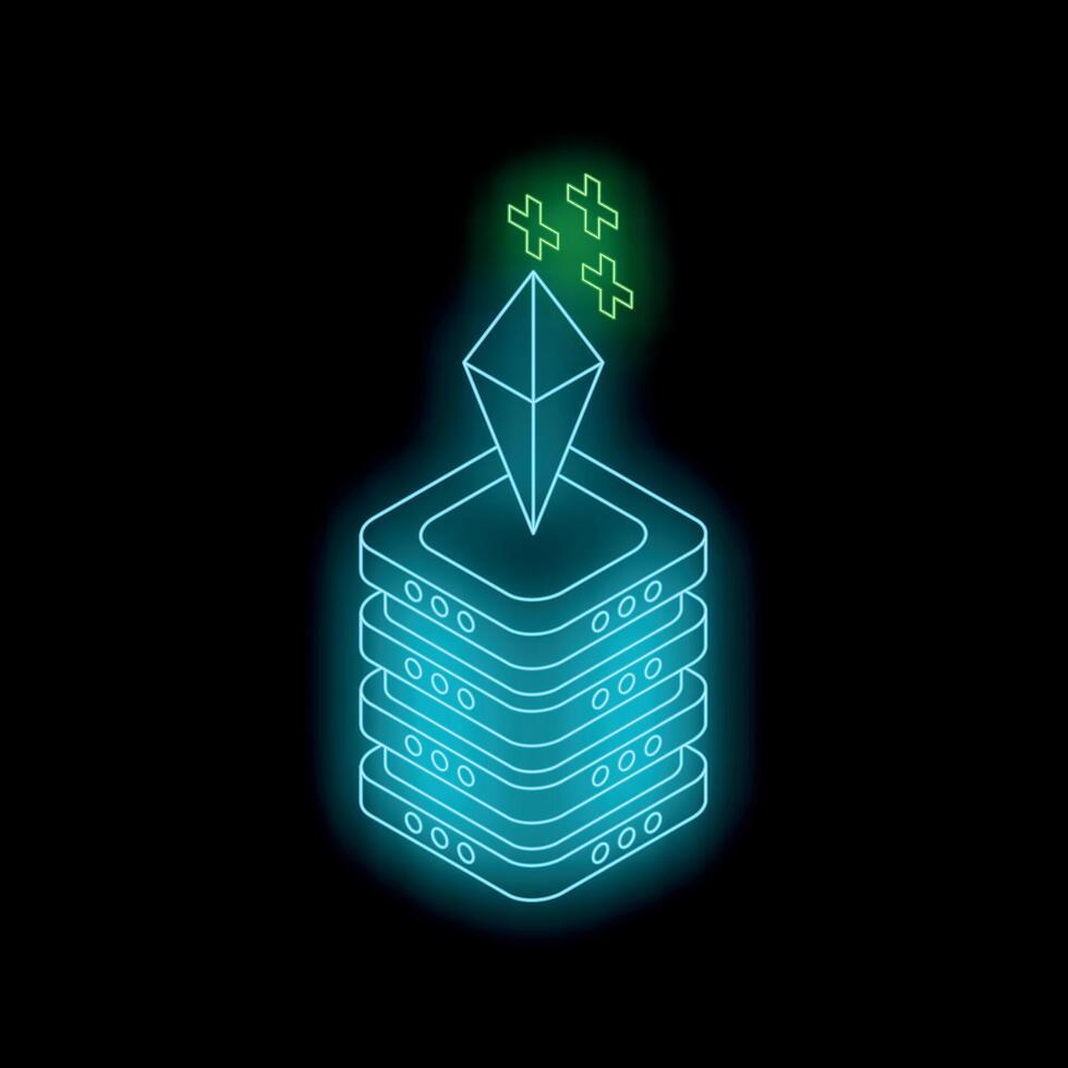 Ethereum cryptocurrency mining on server racks with neon effect vector