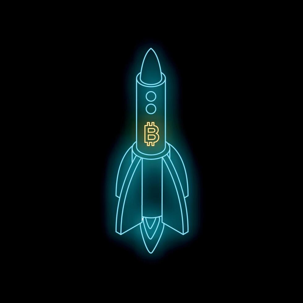 Neon rocket is flying, showing bitcoin cryptocurrency growth vector