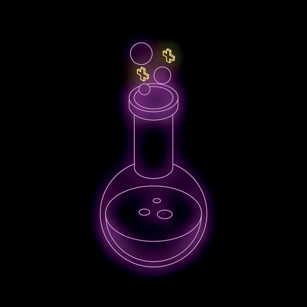 Neon laboratory glassware with bubbling liquid and glowing crosses vector