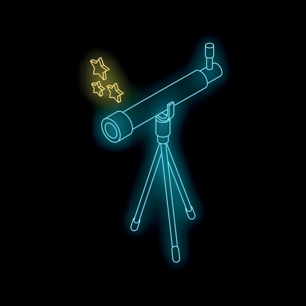 Neon telescope observing stars in isometric view vector