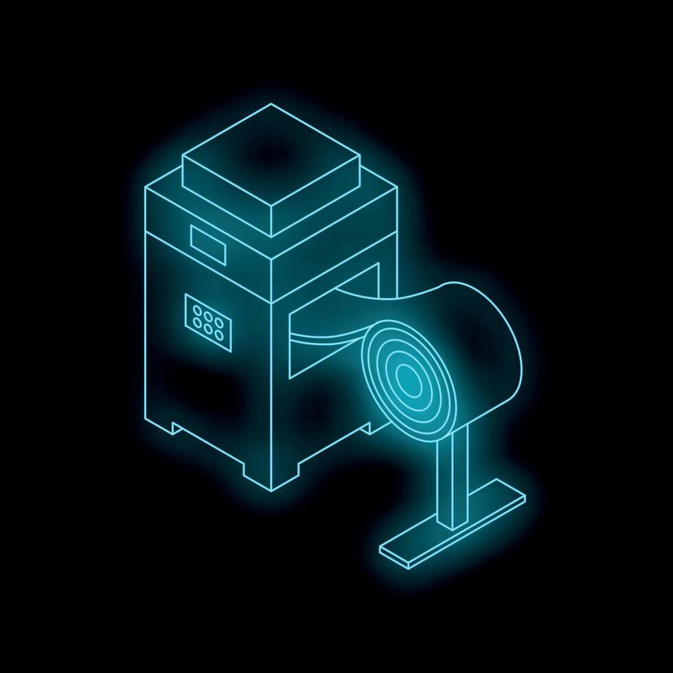 Industrial 3d printer creating an object from roll filament with futuristic neon blue glow vector