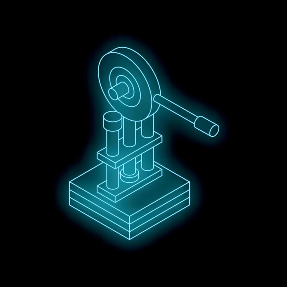 Hydraulic press machine glowing with blue neon light on black background vector