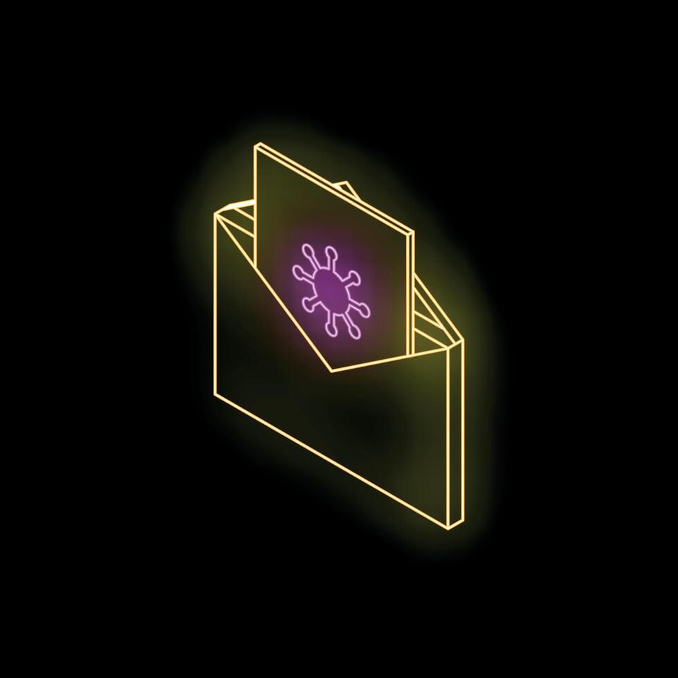 Neon glowing envelope containing virus news on black background vector