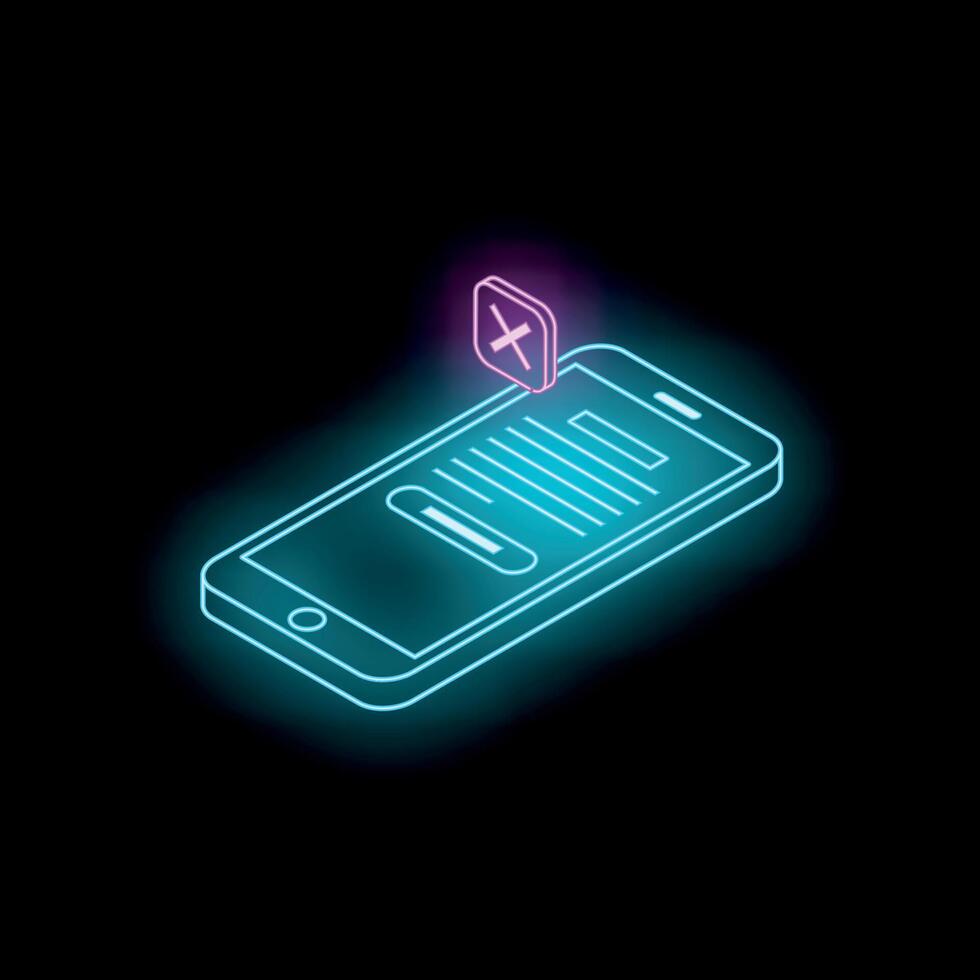 Neon smartphone showing an error message on black background vector