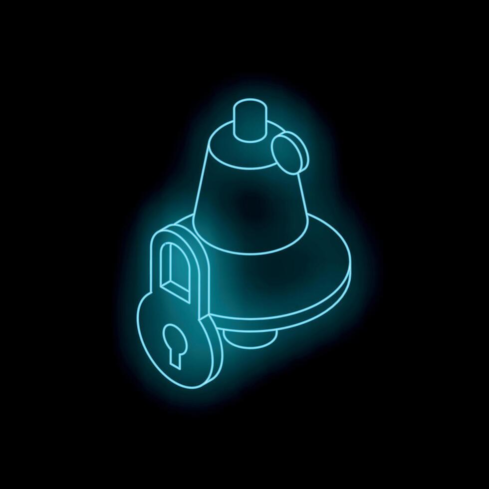 Neon blue padlock securing notification bell on black background vector