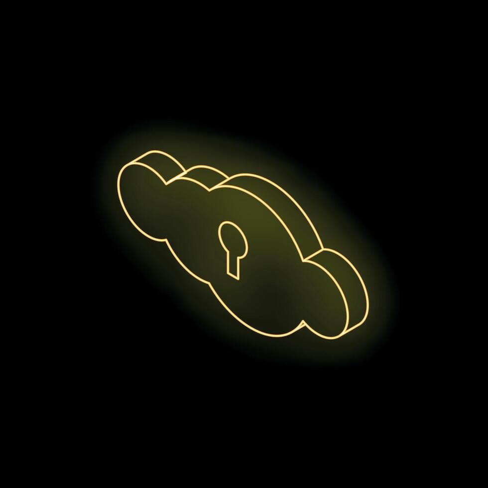 Neon yellow cloud computing security keyhole icon on black background vector