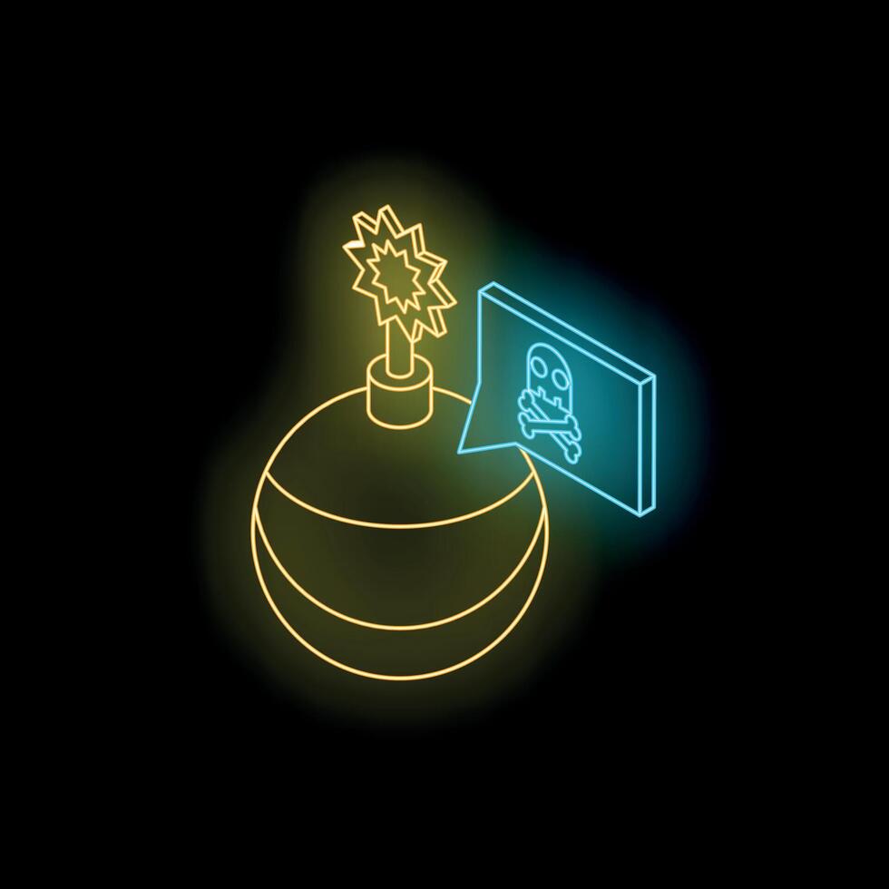 Neon bomb with skull and crossbones warning sign is exploding vector