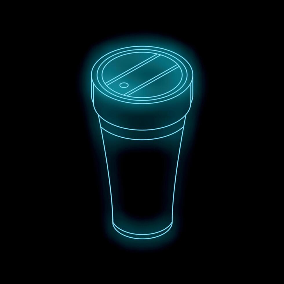 Reusable coffee cup glowing with neon light on black background vector