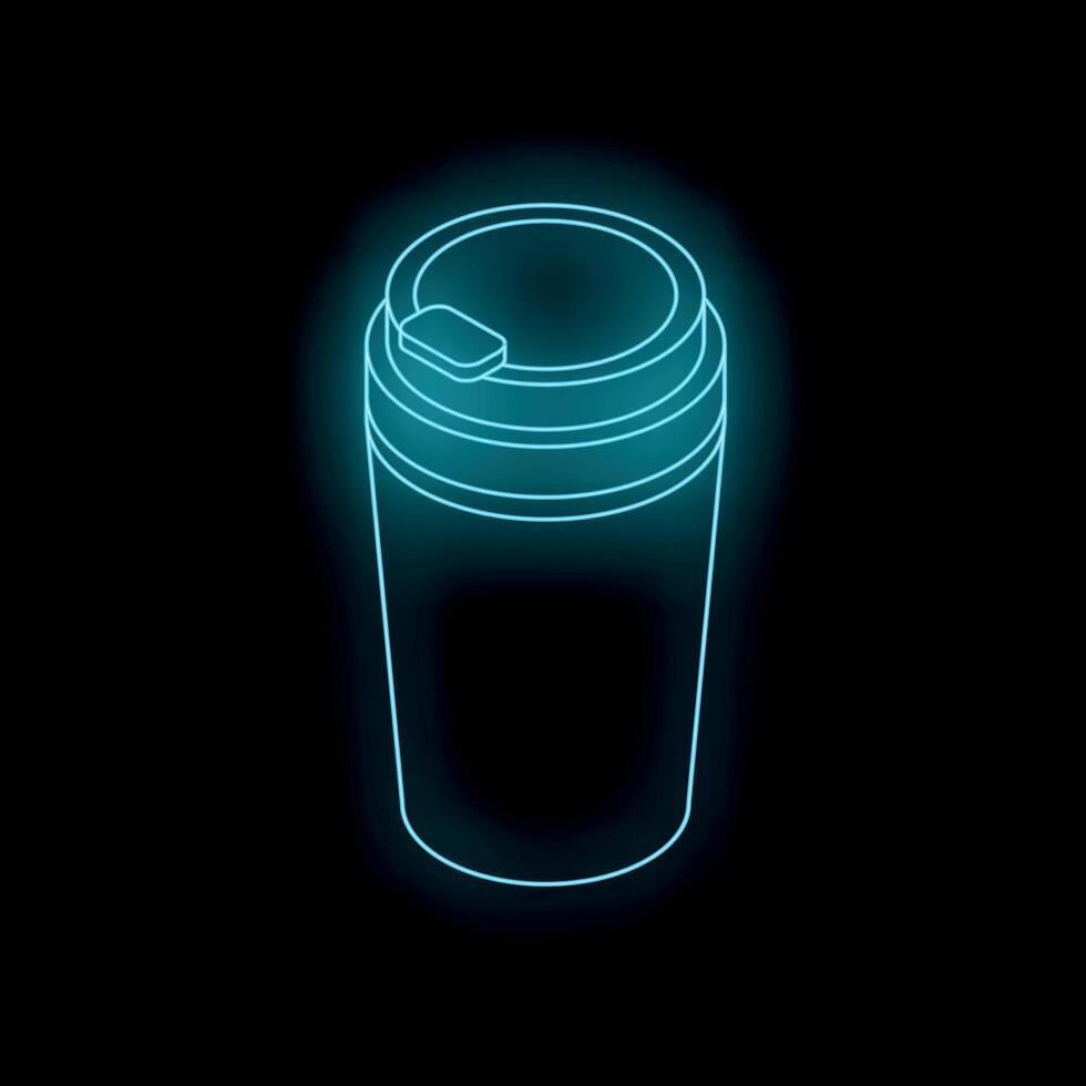 Reusable coffee cup glowing with neon light on black background vector