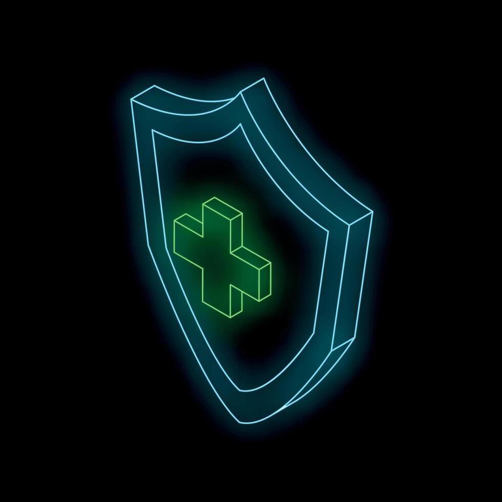 Neon shield protecting green cross symbol on black background vector